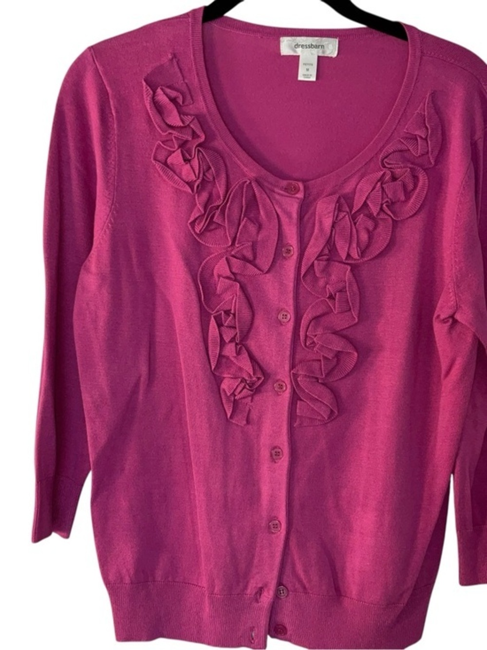 dressbarn Bright Pink Ruffle-Front Button Cardigan